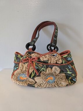 Embroidered Floral Shoulder Bag in Black and Tan with Orange Trim